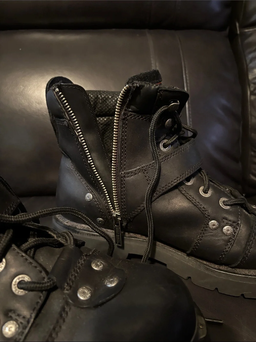 Harley-Davidson Black Leather Lace-Up Motorcycle Boots with Strap